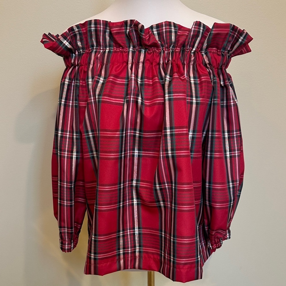 Hello Dobson Red Plaid Ruffle Off Shoulder Blouse Preppy Tartan Festive Shirt